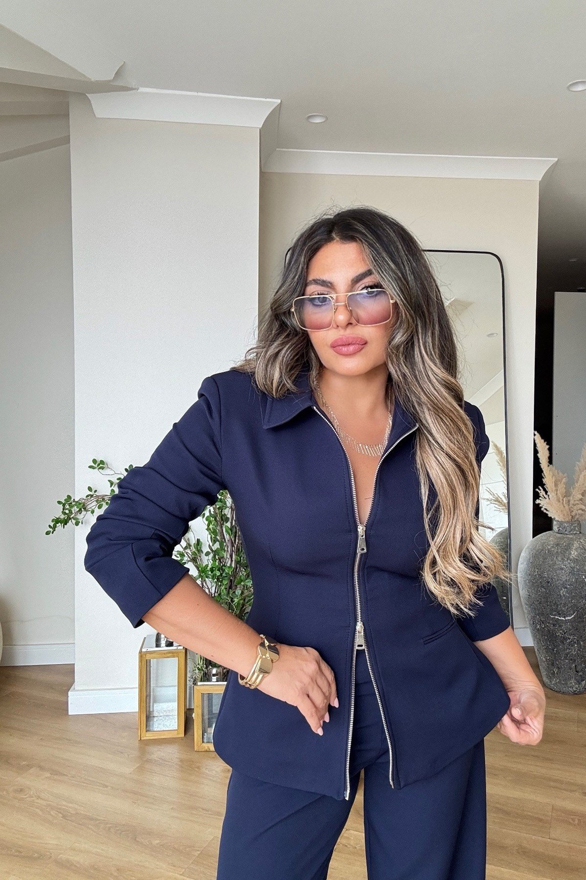 Çift Yön Fermuarlı Blazer Ceket Takım Lacivert