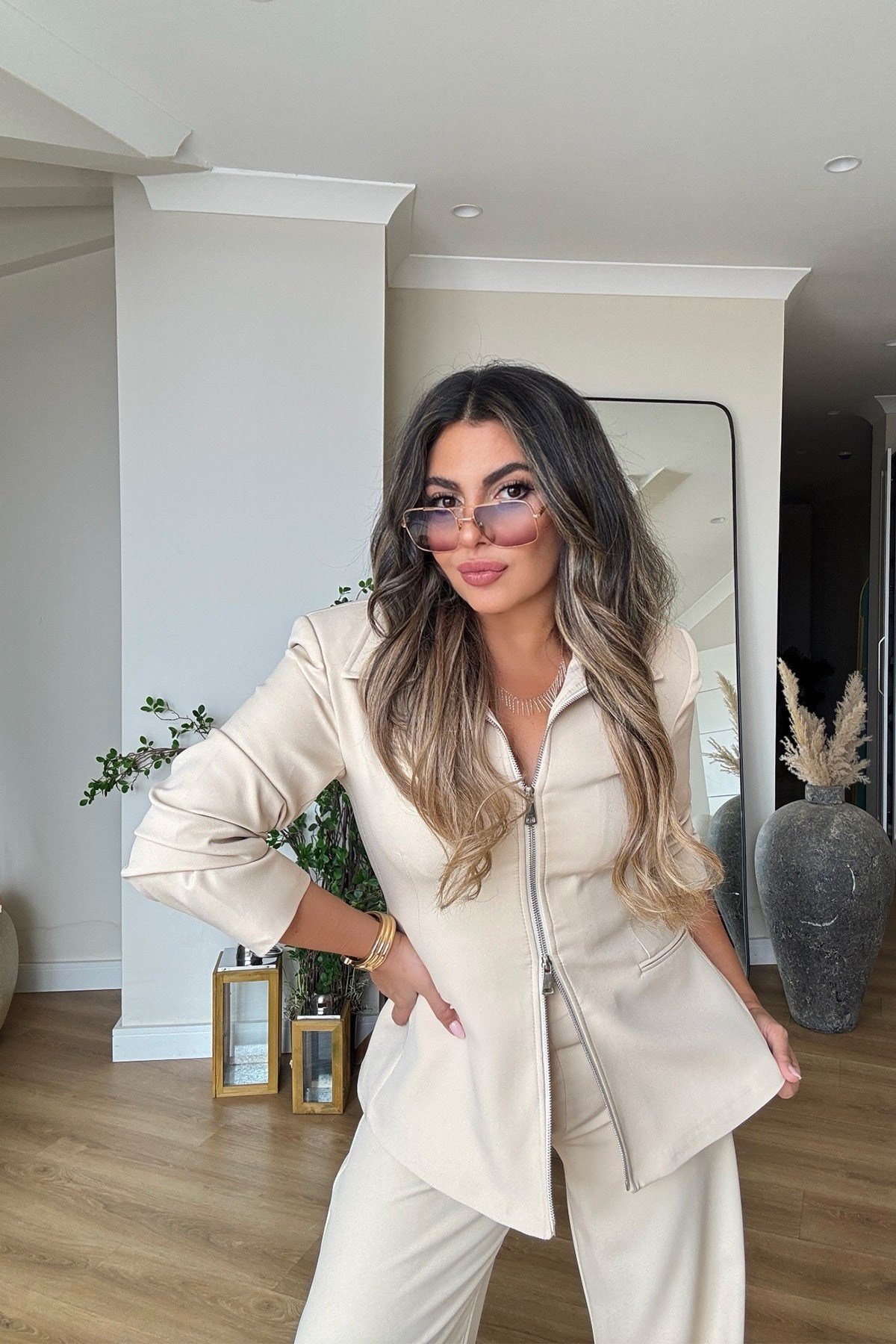 Çift Yön Fermuarlı Blazer Ceket Takım Taş