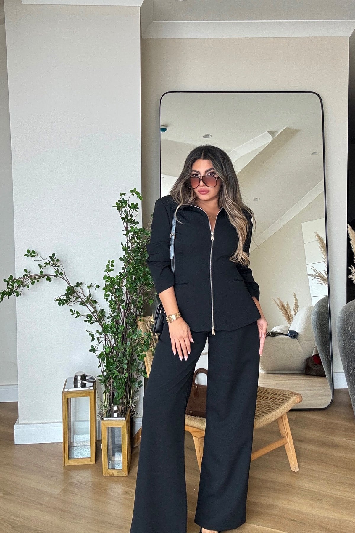 Çift Yön Fermuarlı Blazer Ceket Takım Siyah