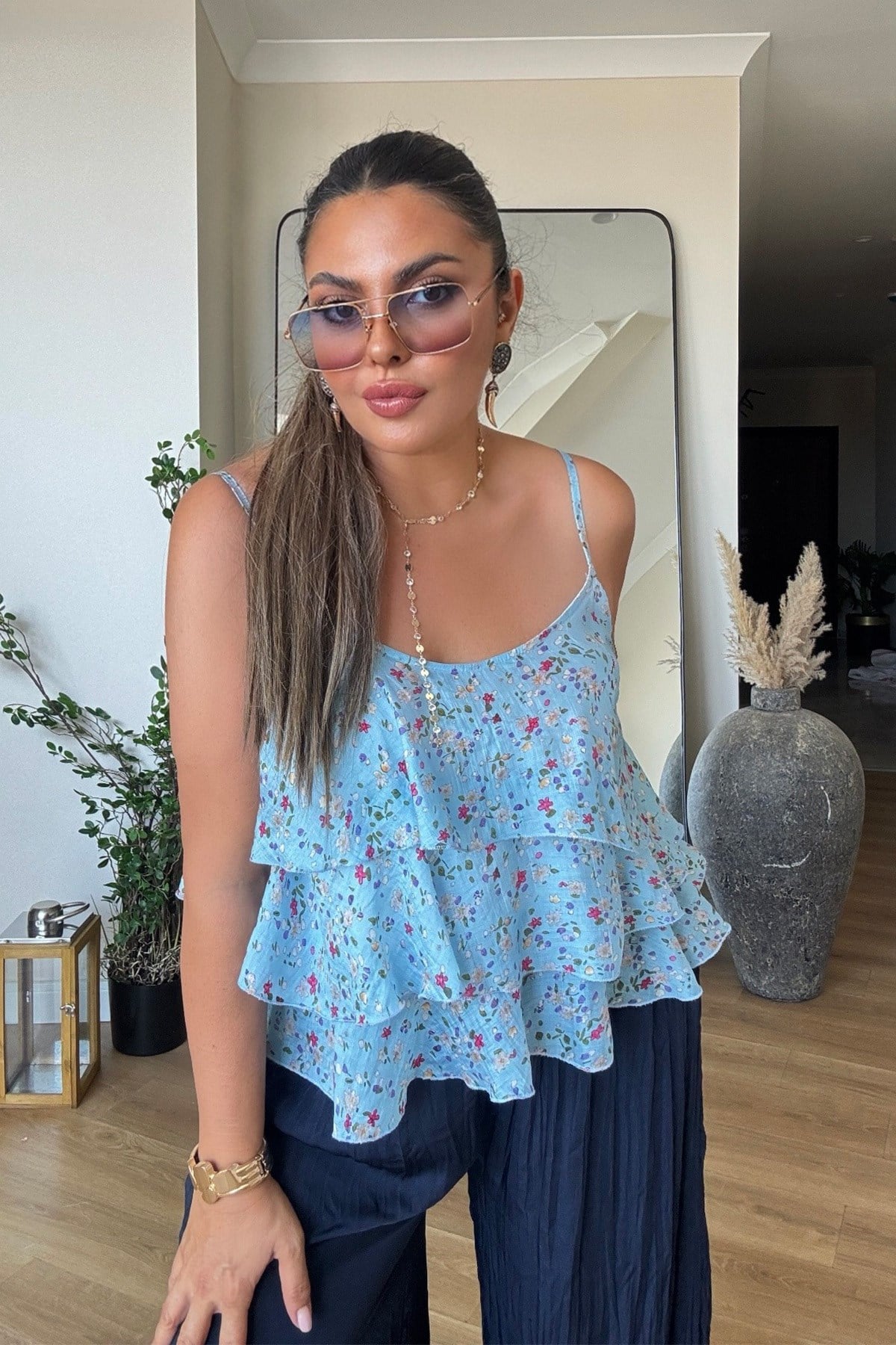 Çıtır Çiçekli Volanlı Bluz Mavi