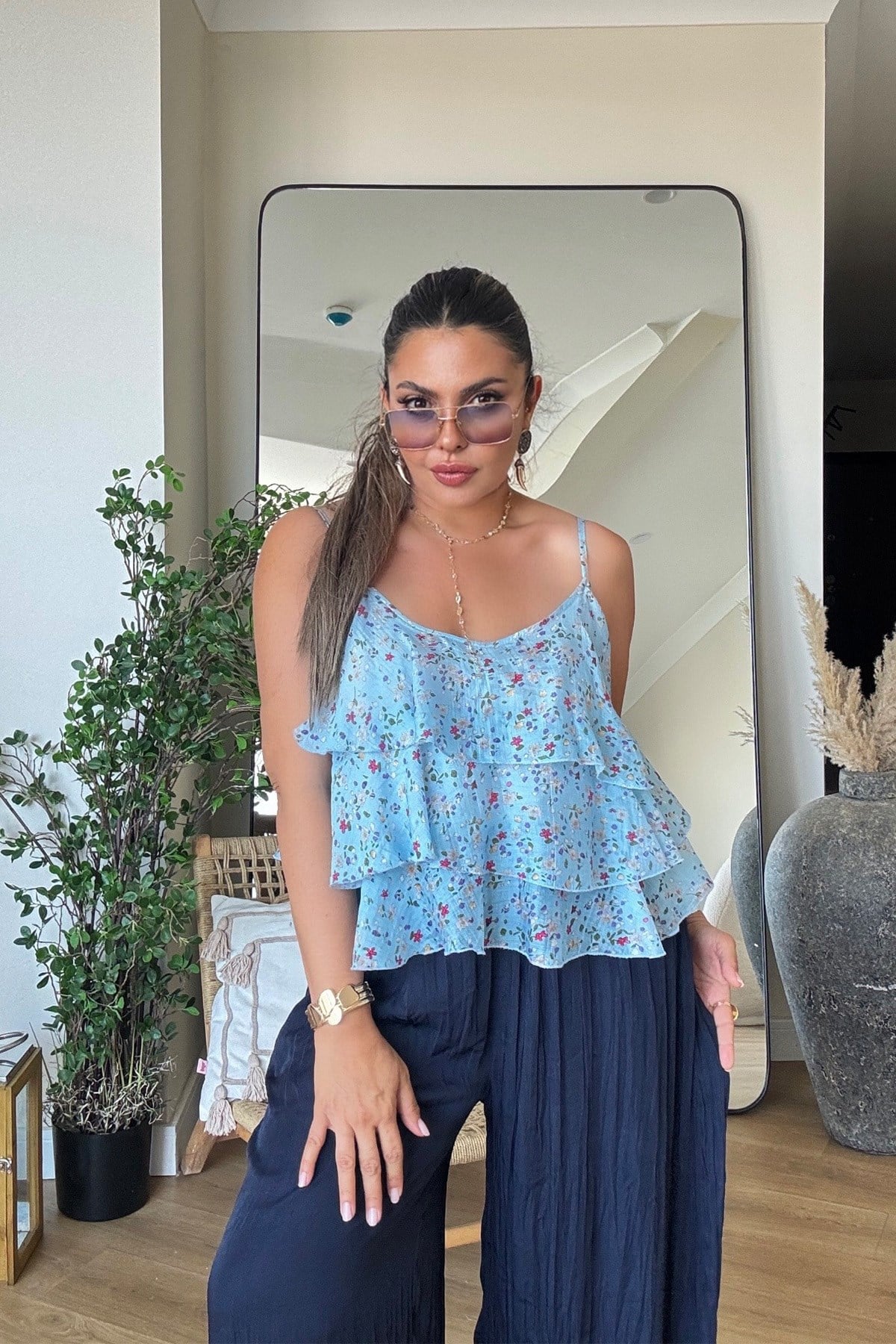 Çıtır Çiçekli Volanlı Bluz Mavi