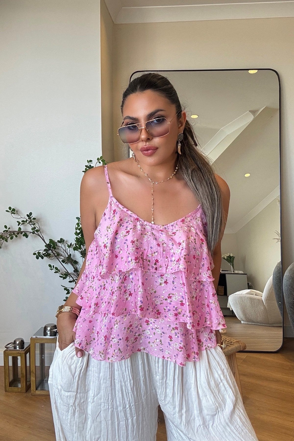 Çıtır Çiçekli Volanlı Bluz Pembe