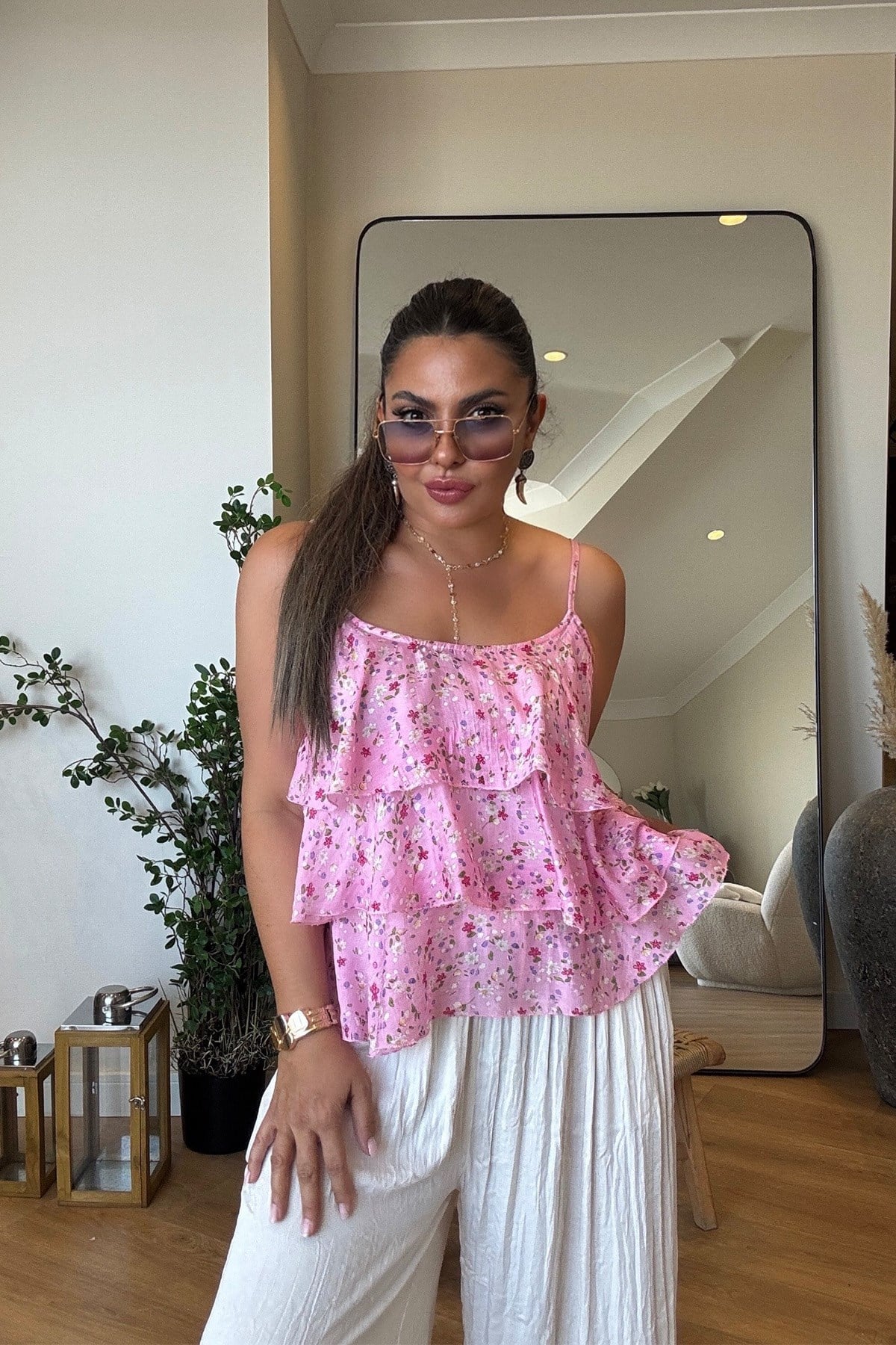 Çıtır Çiçekli Volanlı Bluz Pembe