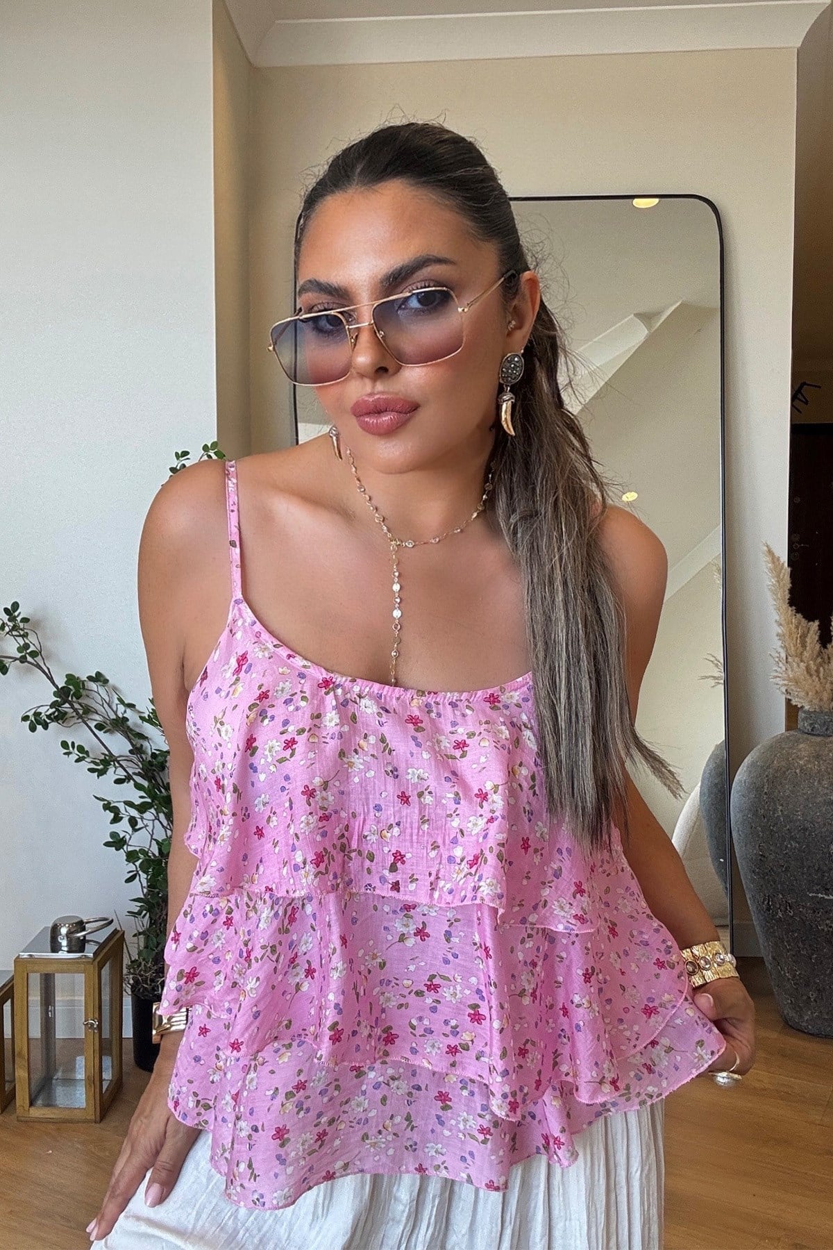 Çıtır Çiçekli Volanlı Bluz Pembe