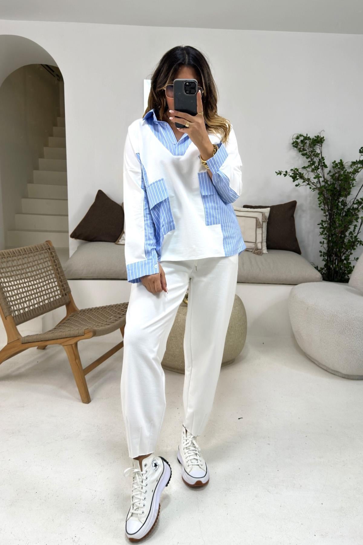 Çizgi Gömlek Garnili İnce Sweatshirt Ekru-Mavi