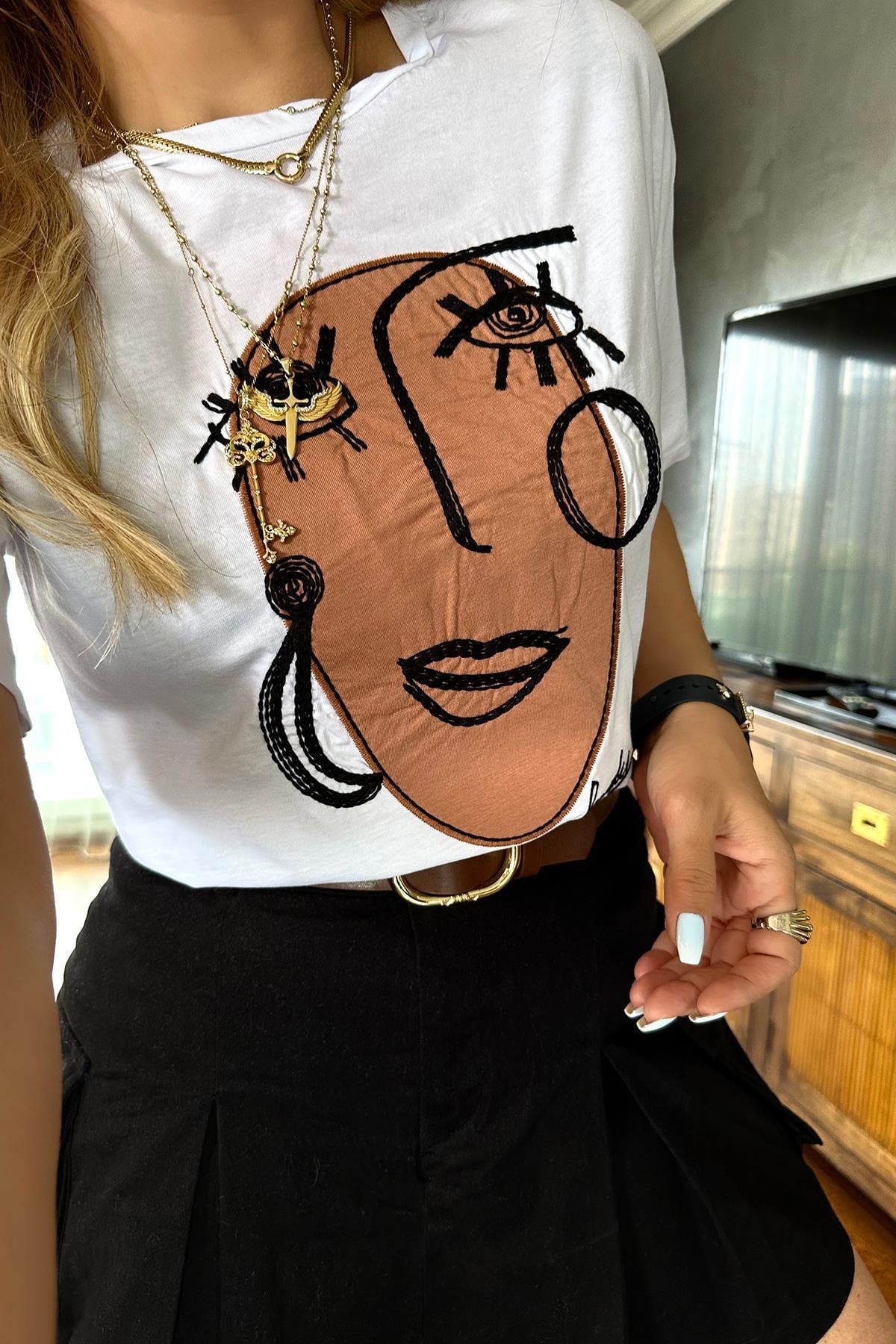 Çizgi Kadın Tshirt Beyaz