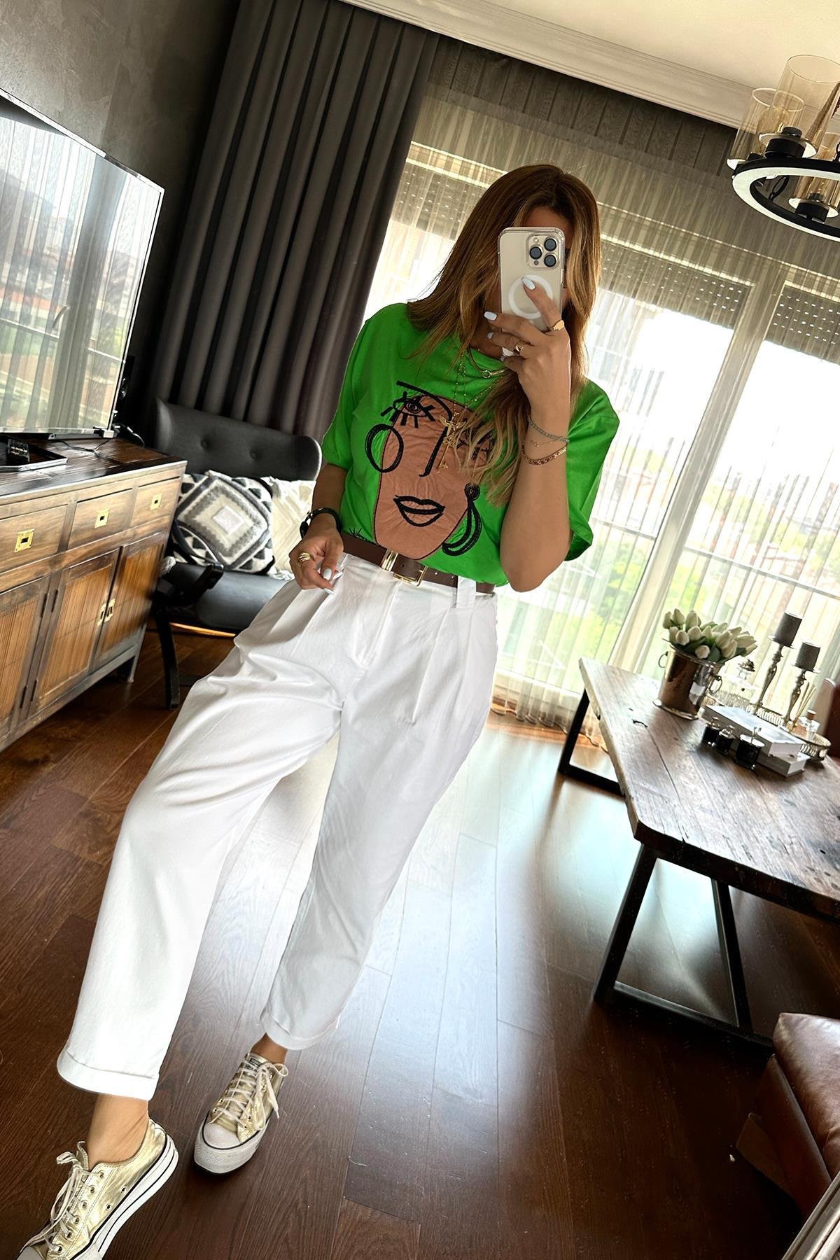 Çizgi Kadın Tshirt Yeşil
