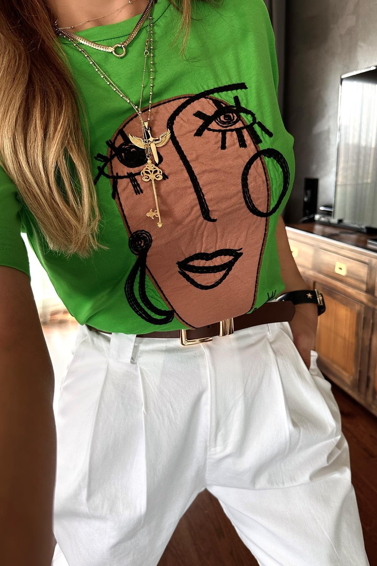 Çizgi Kadın Tshirt Yeşil