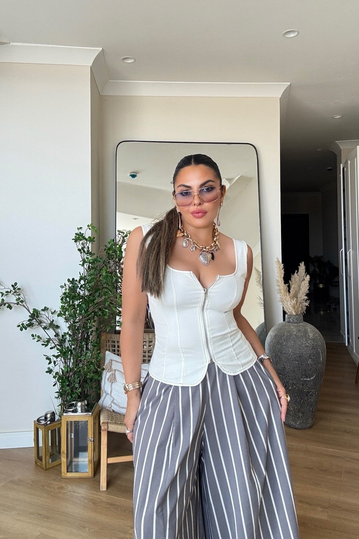 Çizgili Arka Beli Lastikli Pantolon Etek Gri-Ekru
