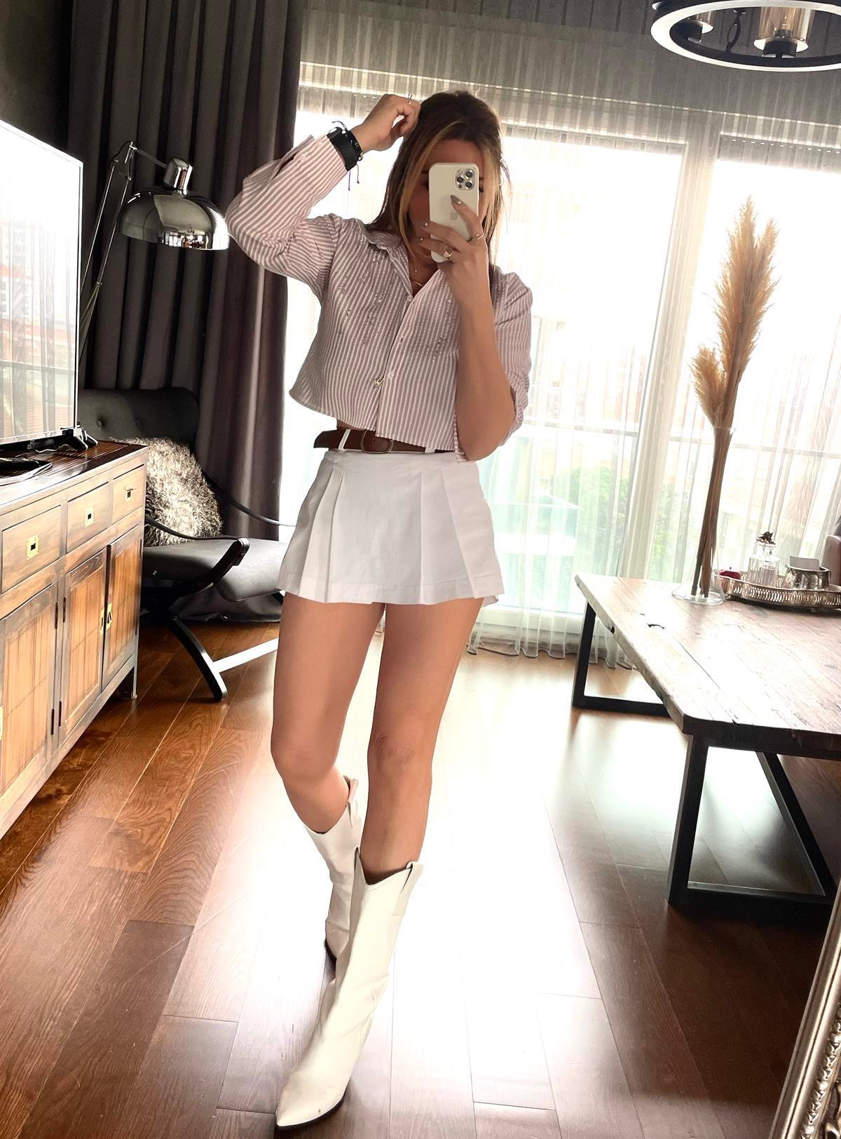 Çizgili Crop Gömlek Bej