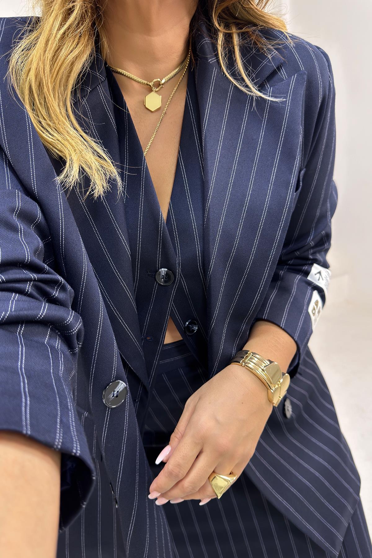 Çizgili Dokuma Kumaş Blazer Ceket Lacivert-Beyaz