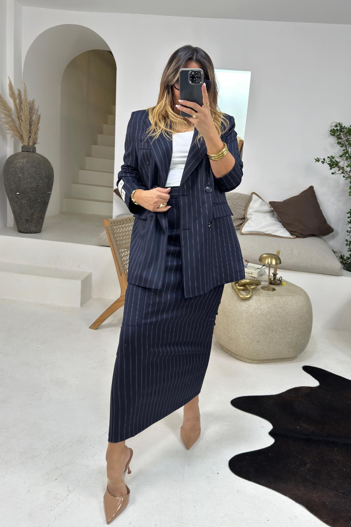 Çizgili Dokuma Kumaş Blazer Ceket Lacivert-Beyaz