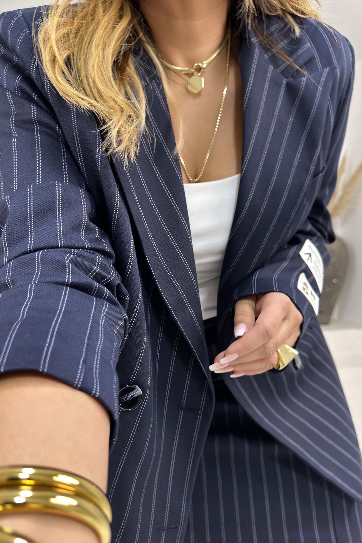 Çizgili Dokuma Kumaş Blazer Ceket Lacivert-Beyaz