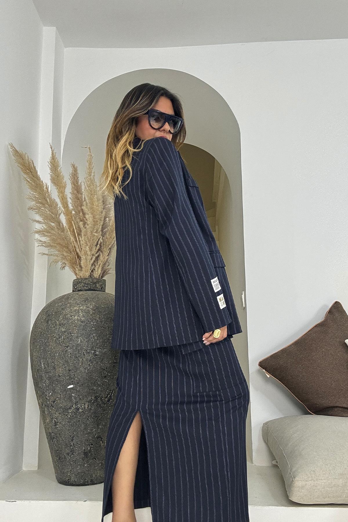 Çizgili Dokuma Kumaş Blazer Ceket Lacivert-Beyaz