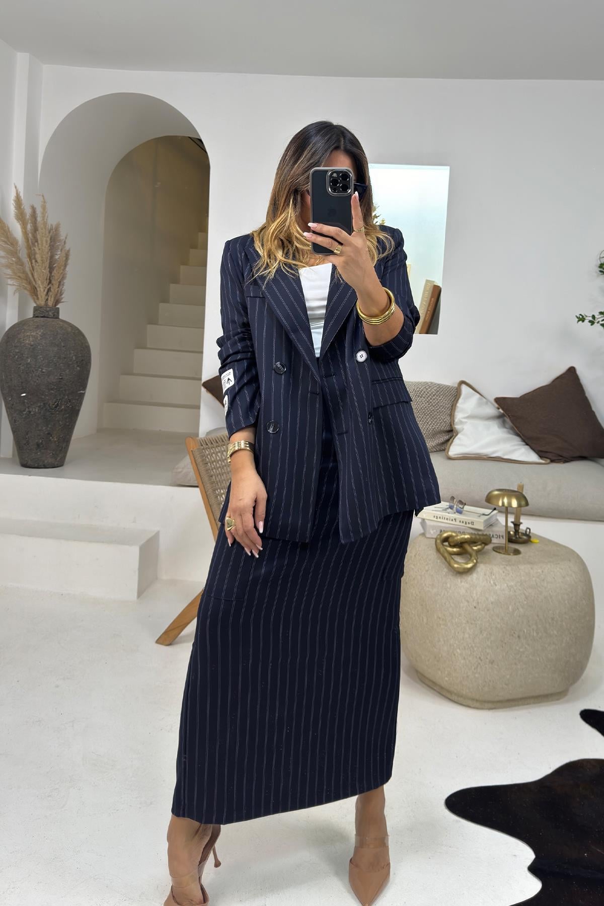 Çizgili Dokuma Kumaş Blazer Ceket Lacivert-Beyaz