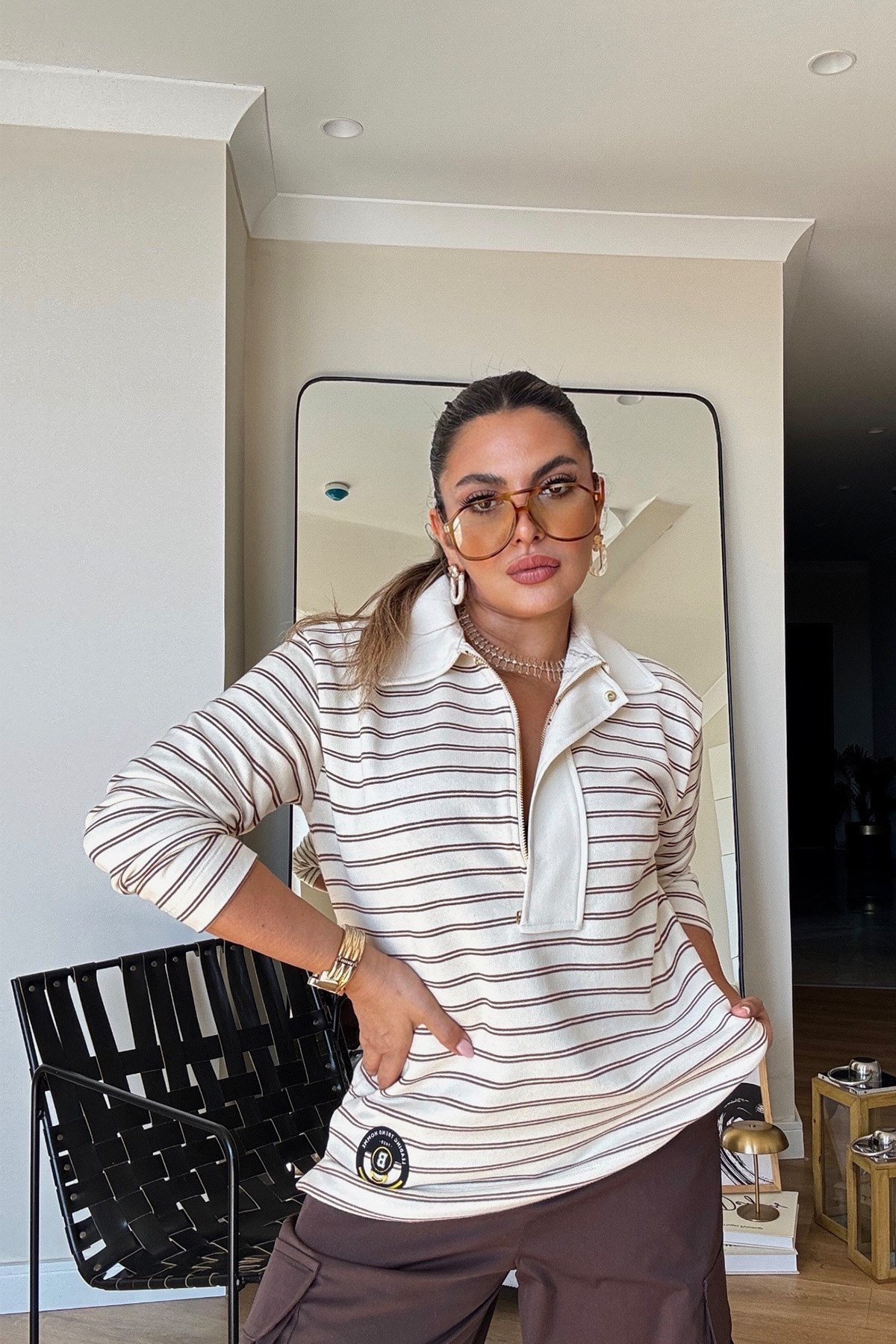 Çizgili Fermuar Yaka Sweatshirt Ekru-Kahve