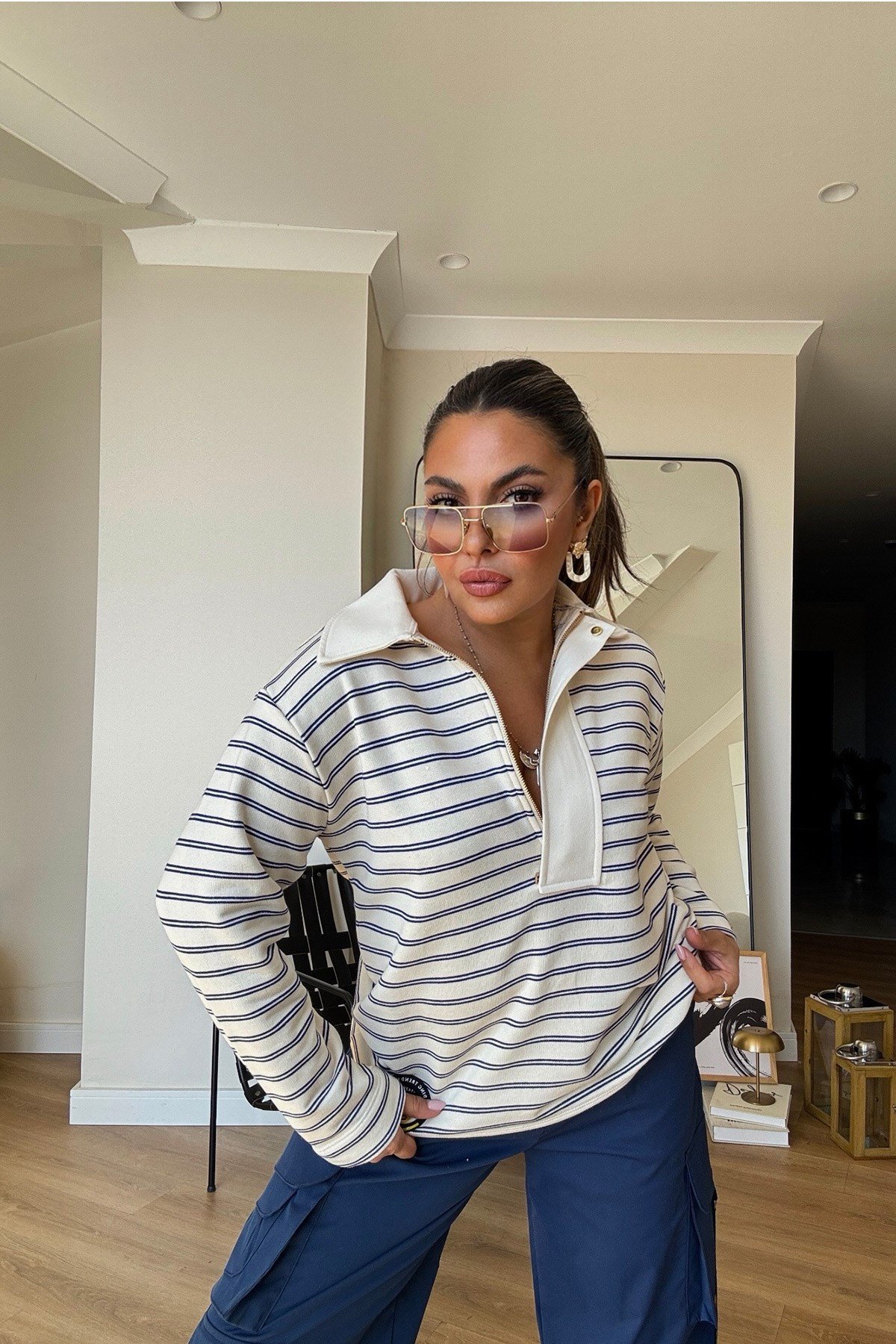 Çizgili Fermuar Yaka Sweatshirt Ekru-Lacivert