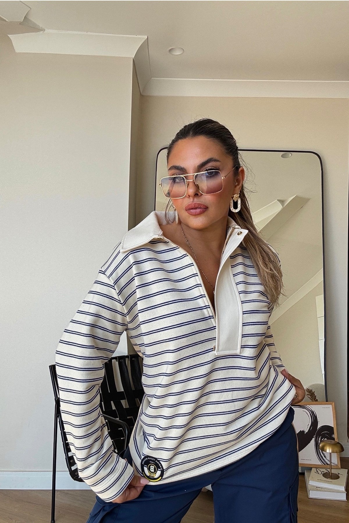 Çizgili Fermuar Yaka Sweatshirt Ekru-Lacivert