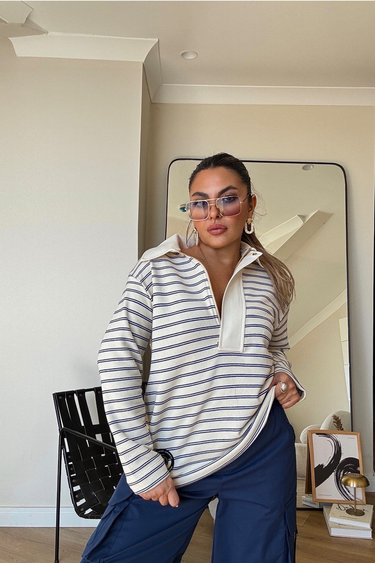 Çizgili Fermuar Yaka Sweatshirt Ekru-Lacivert