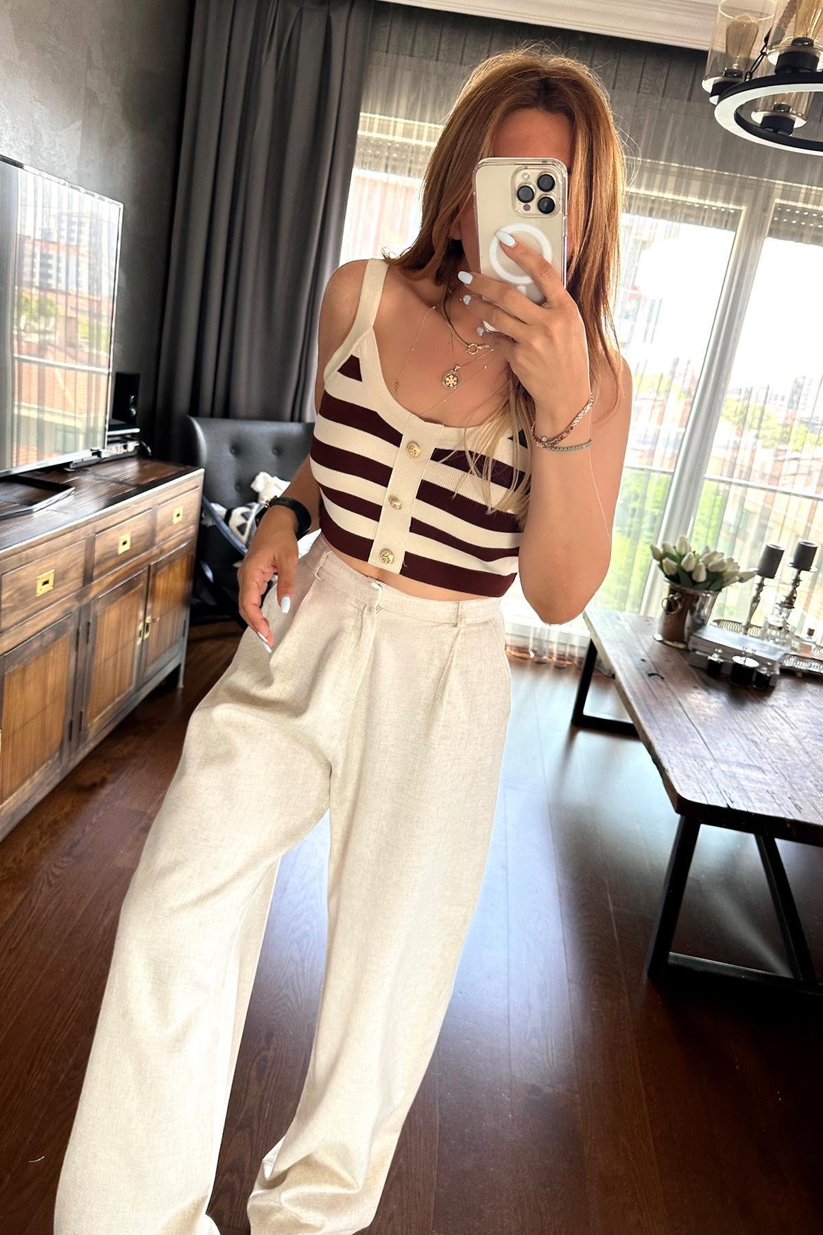 Çizgili Gold Düğmeli Triko Crop Kahverengi