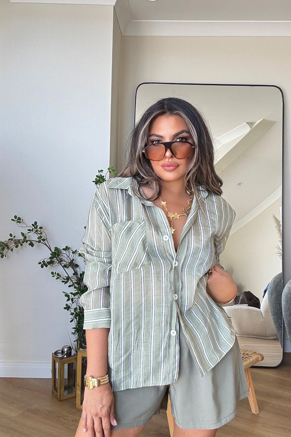 Çizgili İnce Pamuk Gömlek Açık Haki