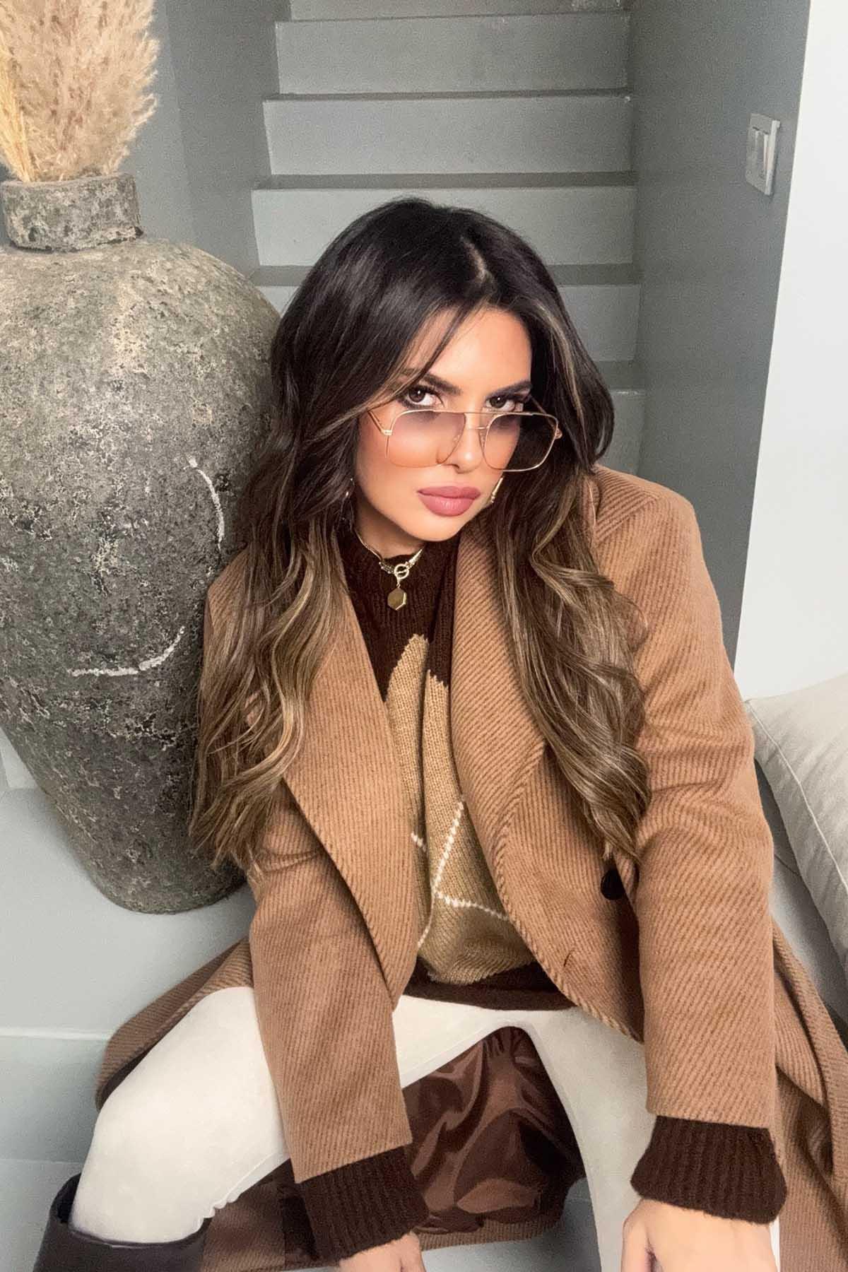 Çizgili Kaşe Kaban Taba