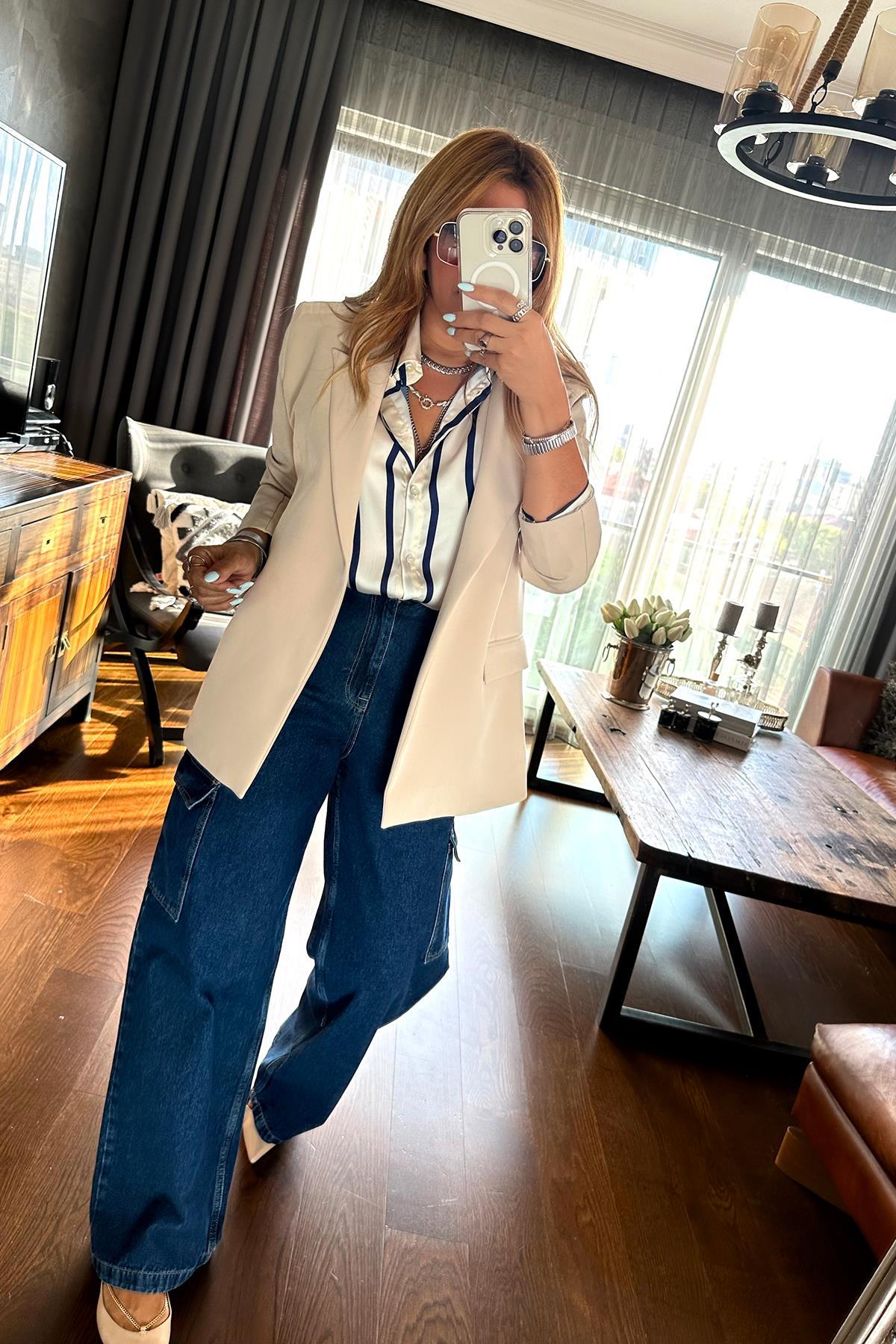 Çizgili Kol Katlama Astarlı Blazer Ceket Taş