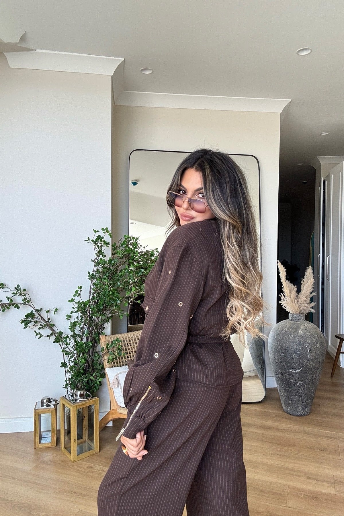 Çizgili Kuşgözü Detaylı Fermuarlı Tasarım Takım Kahve