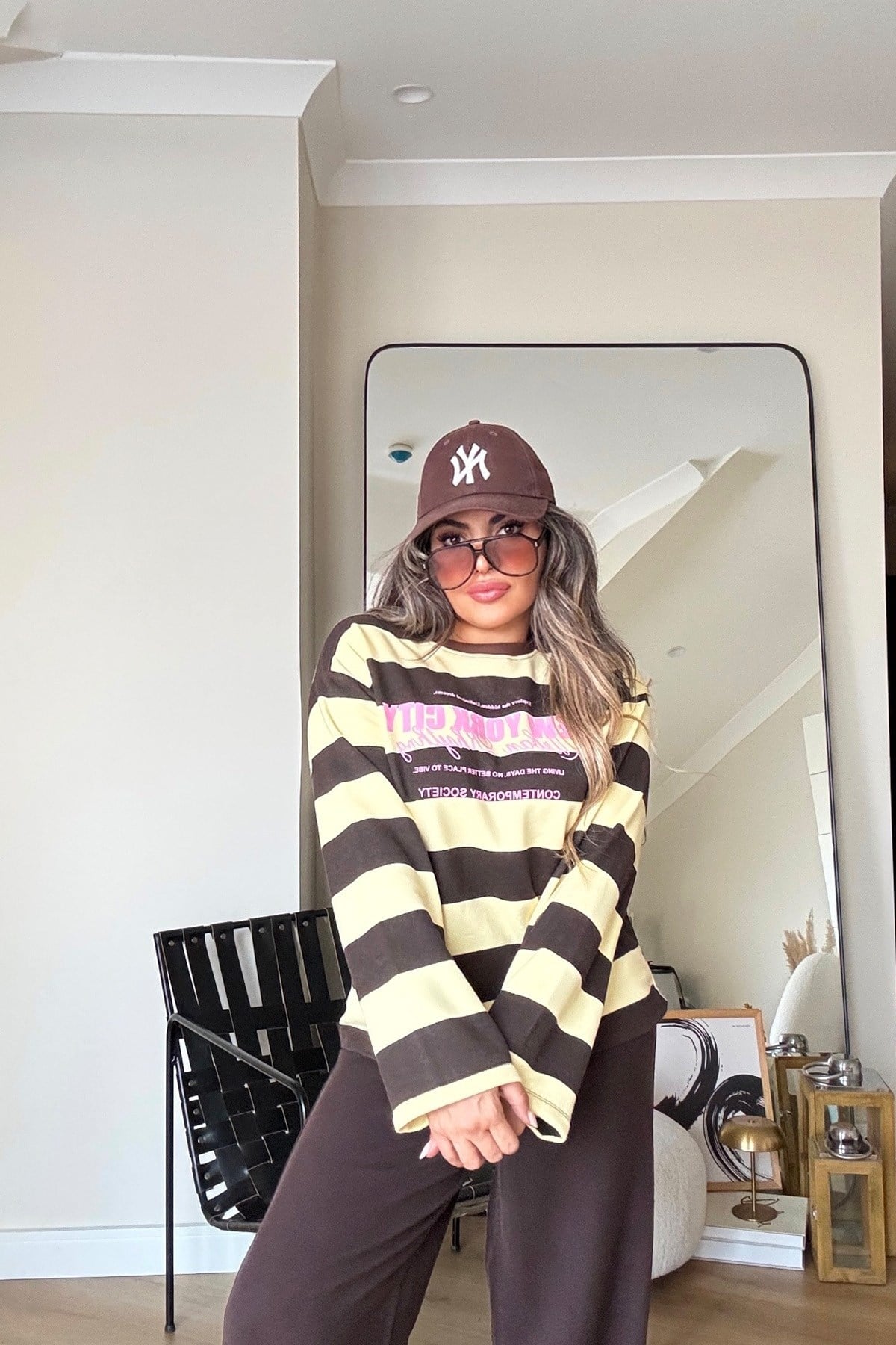 Çizgili Newyork İnce Sweat kahve-sarı