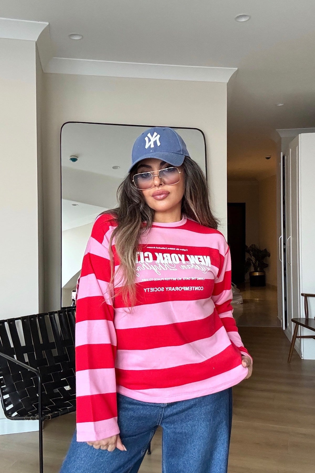 Çizgili Newyork İnce Sweat Pembe-Kırmızı