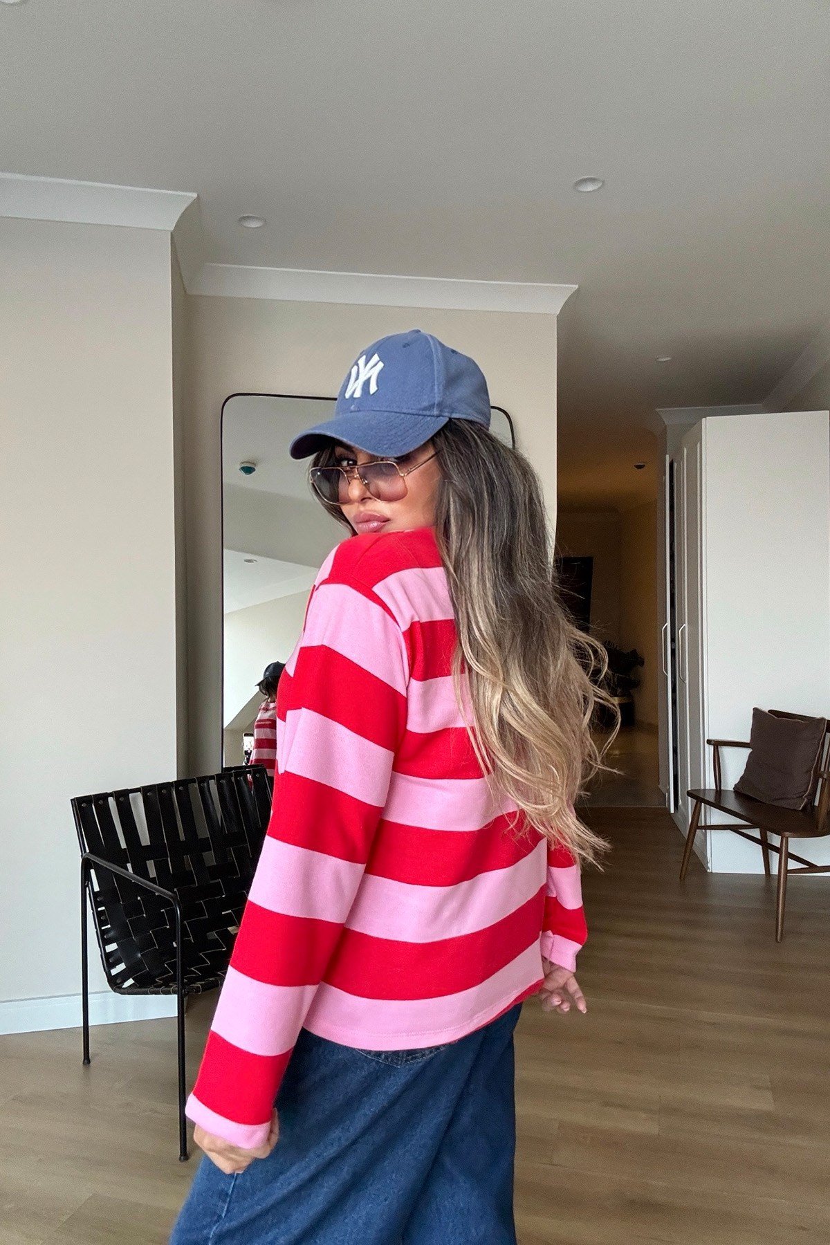 Çizgili Newyork İnce Sweat Pembe-Kırmızı