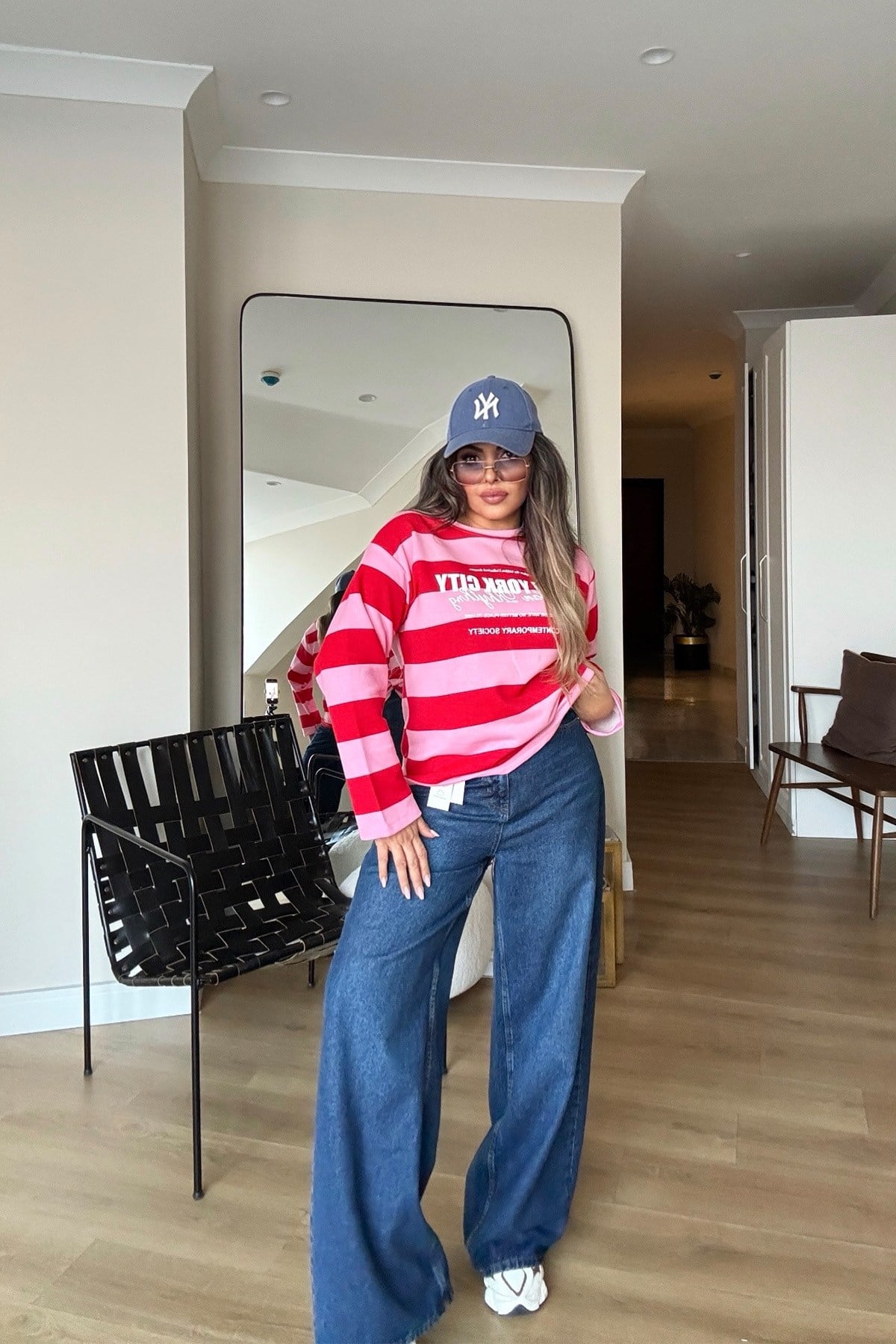 Çizgili Newyork İnce Sweat Pembe-Kırmızı