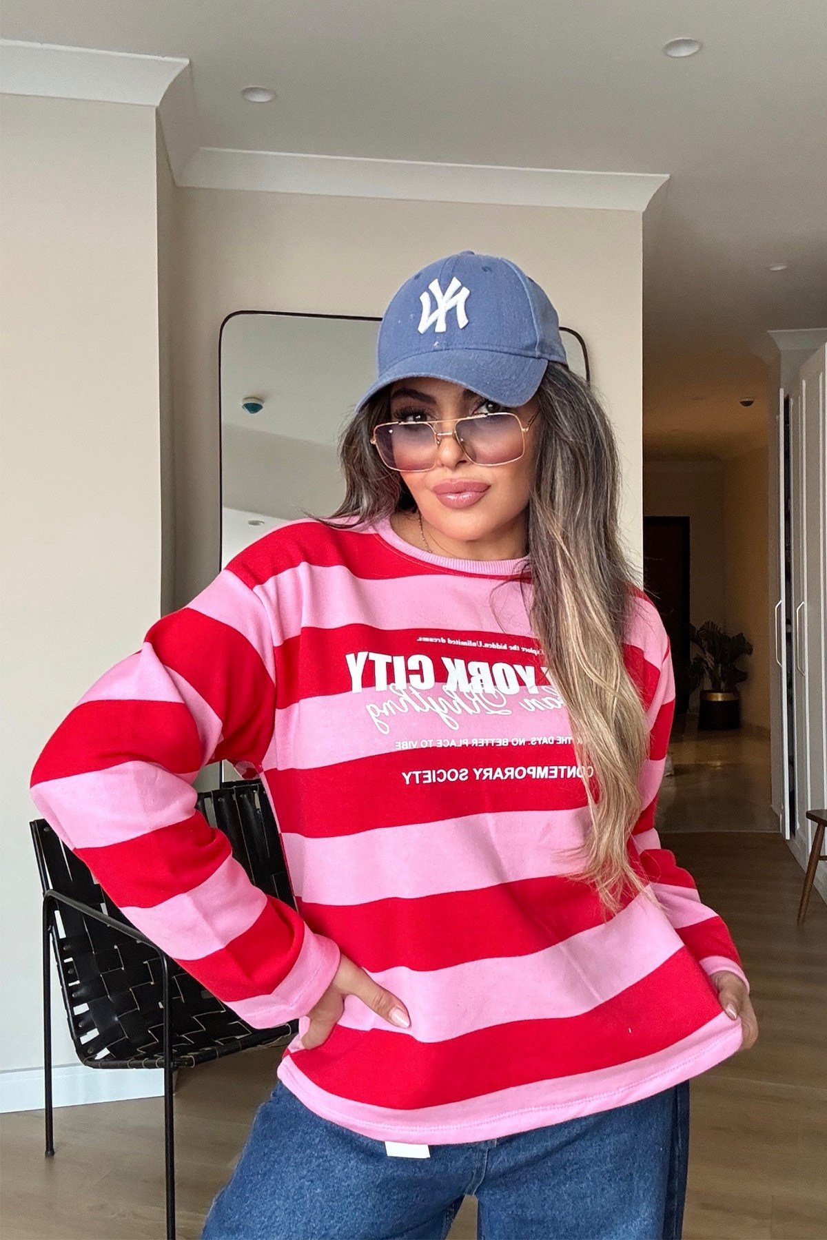 Çizgili Newyork İnce Sweat Pembe-Kırmızı