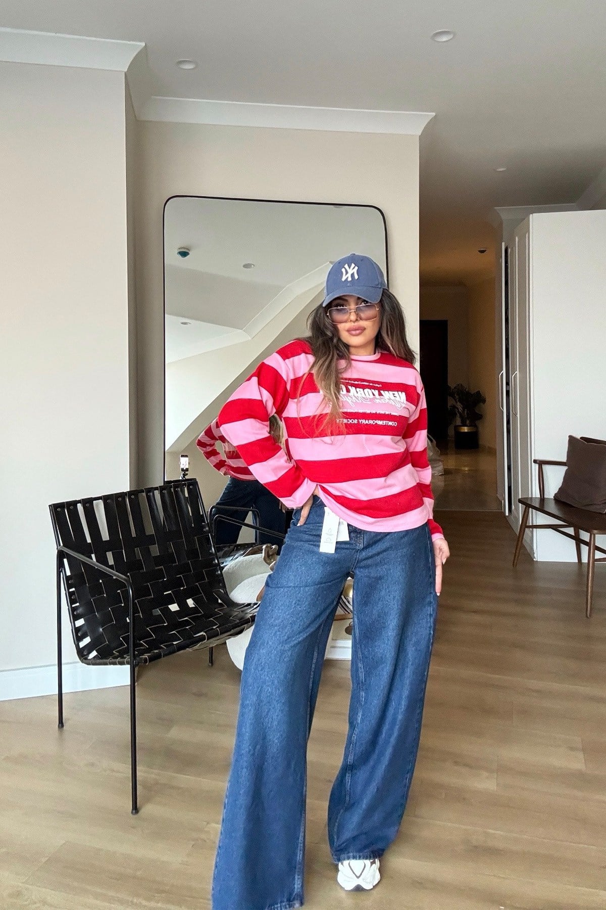 Çizgili Newyork İnce Sweat Pembe-Kırmızı