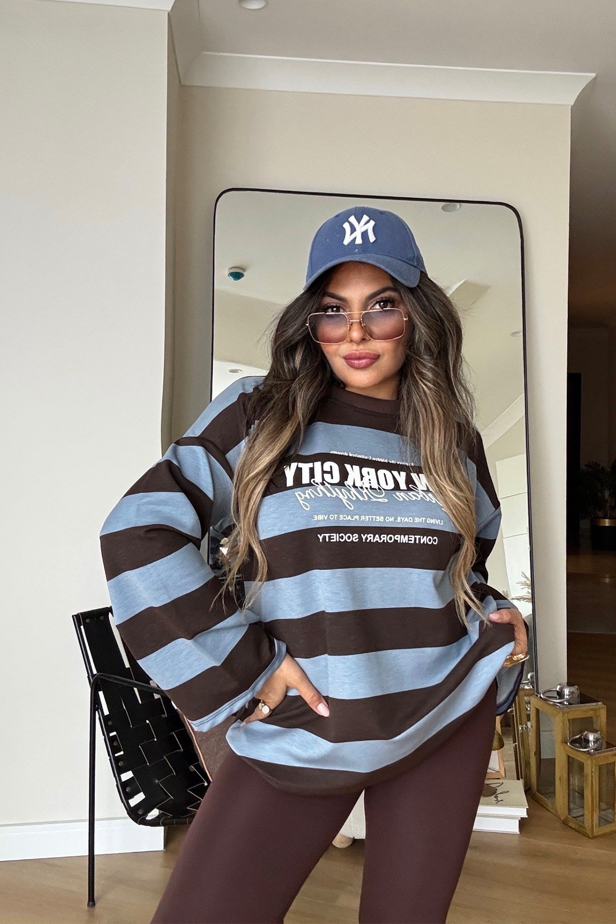 Çizgili Newyork Oversize Sweat kahve mavi