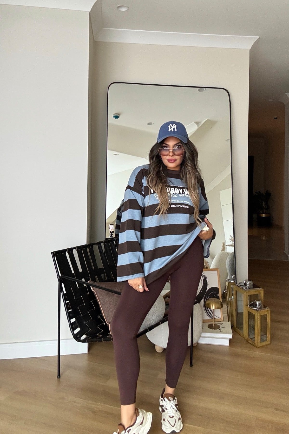 Çizgili Newyork Oversize Sweat kahve mavi