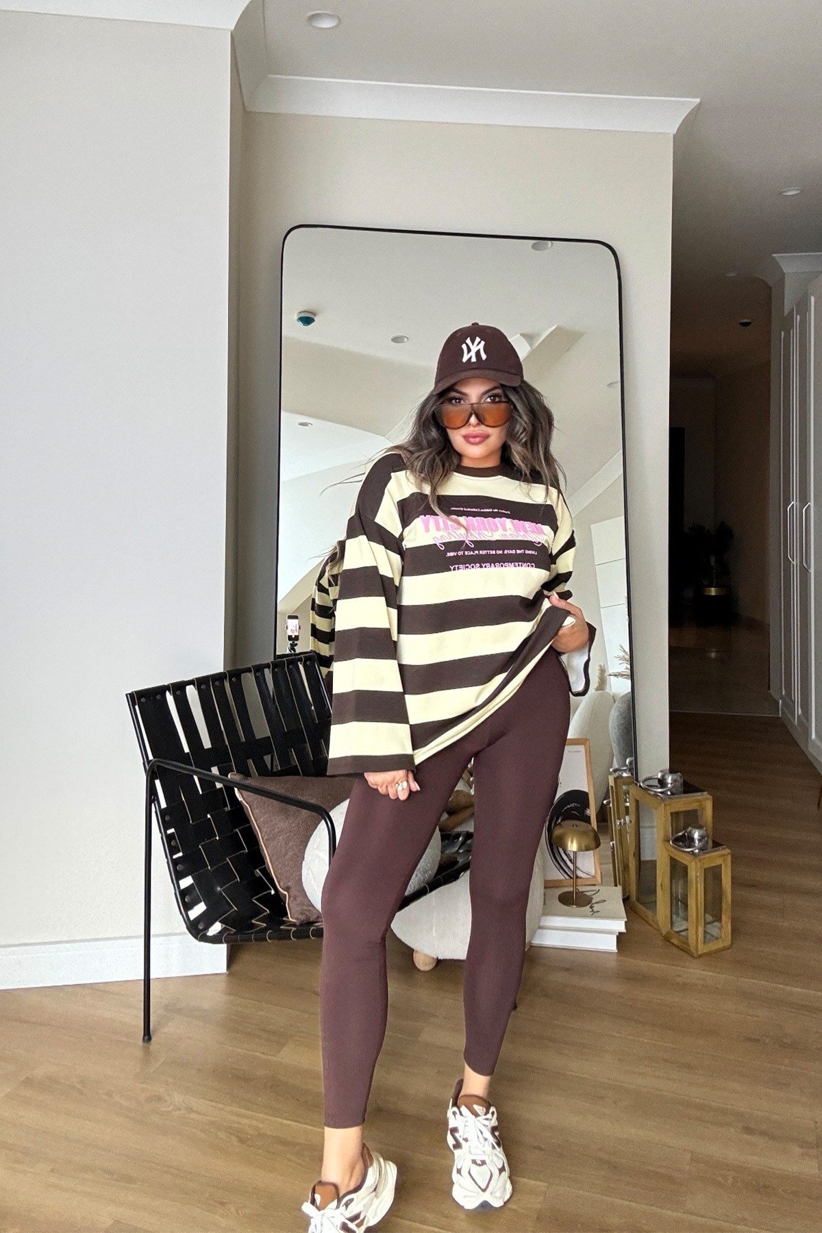 Çizgili Newyork Oversize Sweat kahve-sarı