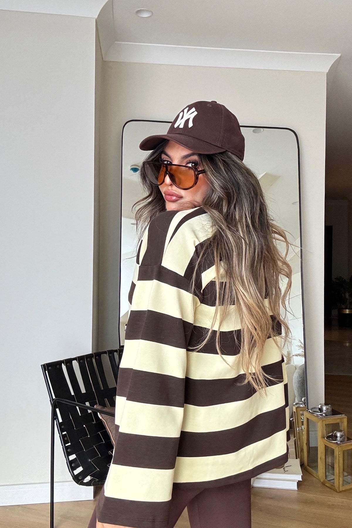 Çizgili Newyork Oversize Sweat kahve-sarı