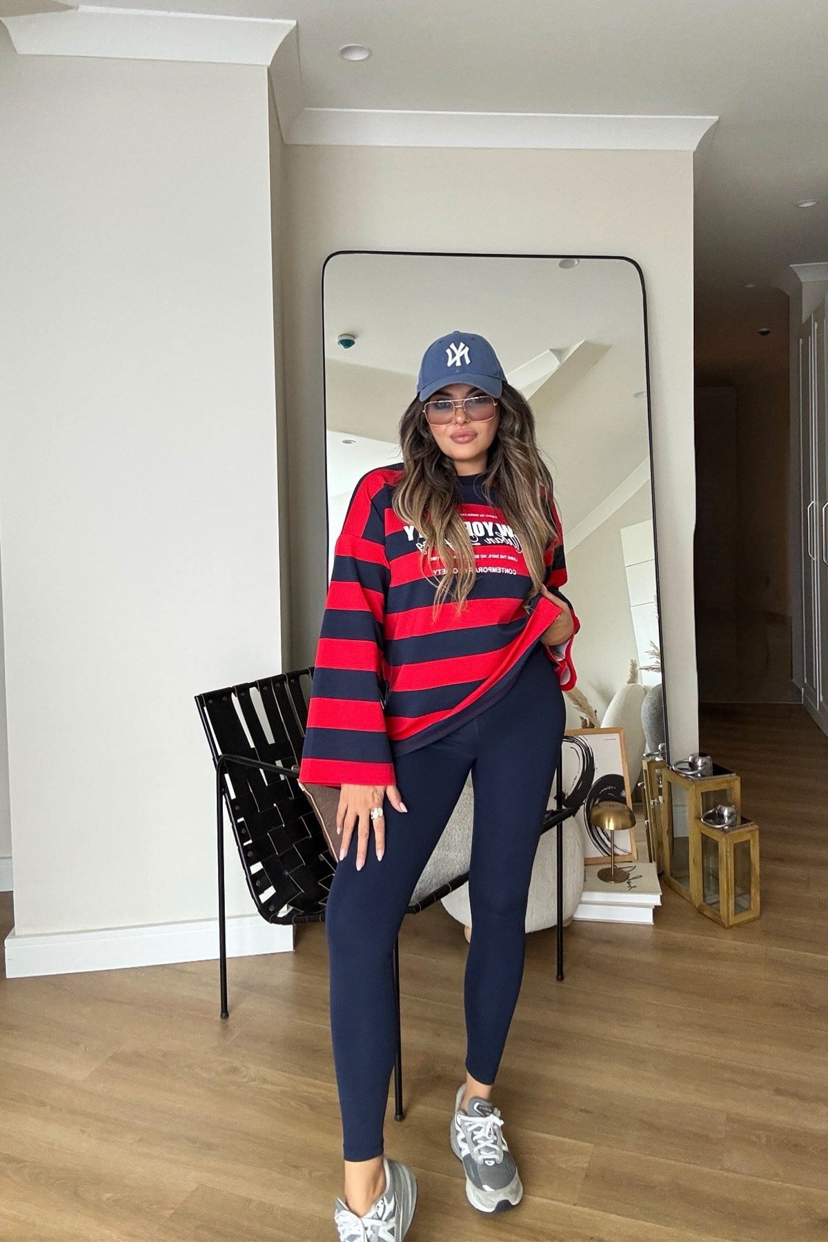 Çizgili Newyork Oversize Sweat Lacivert-Kırmızı