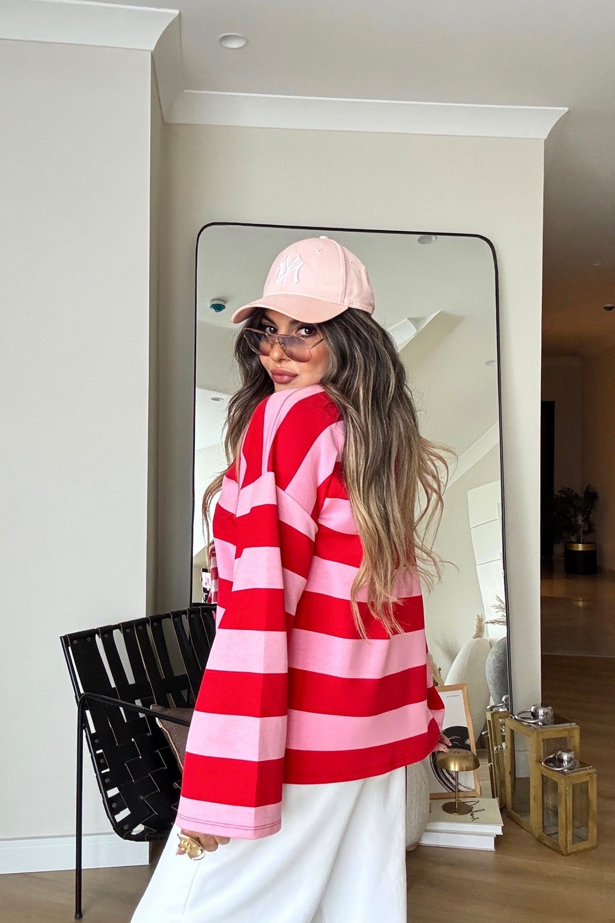 Çizgili Newyork Oversize Sweat Pembe-Kırmızı