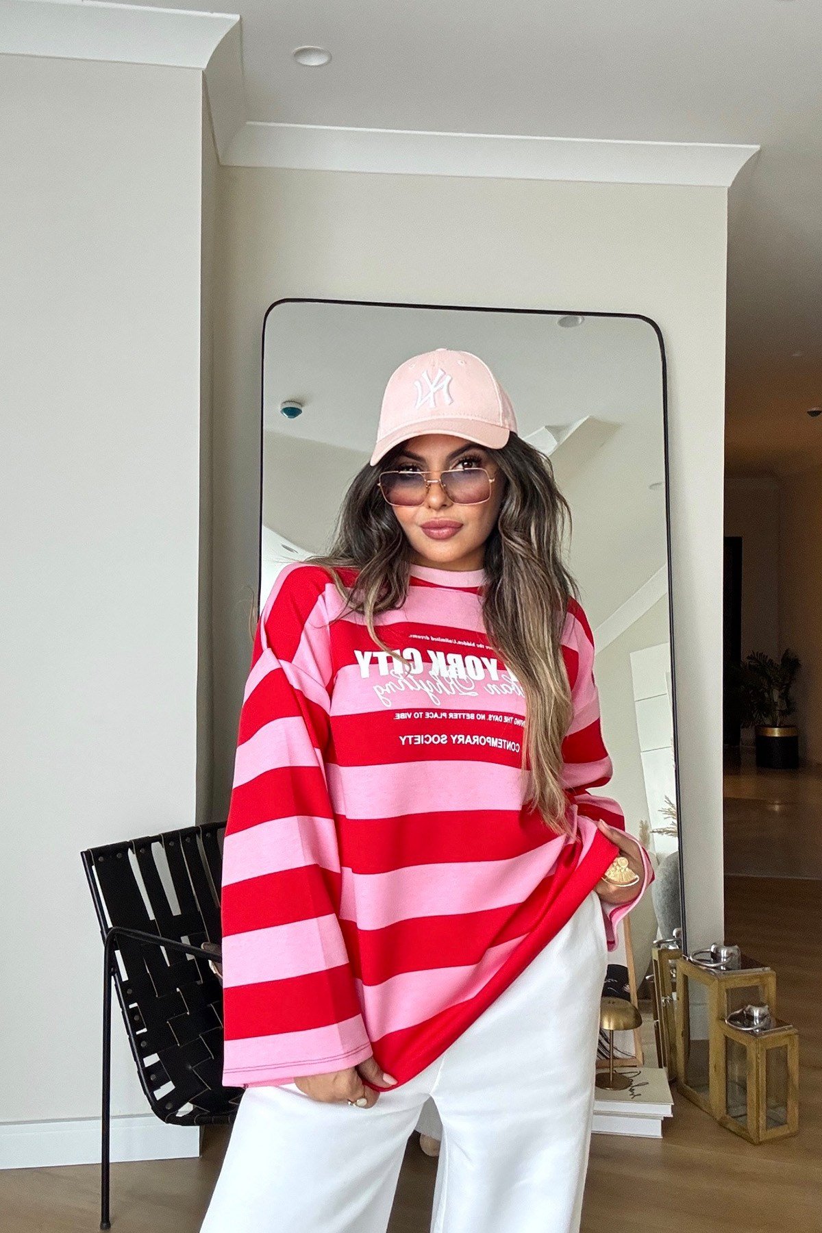 Çizgili Newyork Oversize Sweat Pembe-Kırmızı
