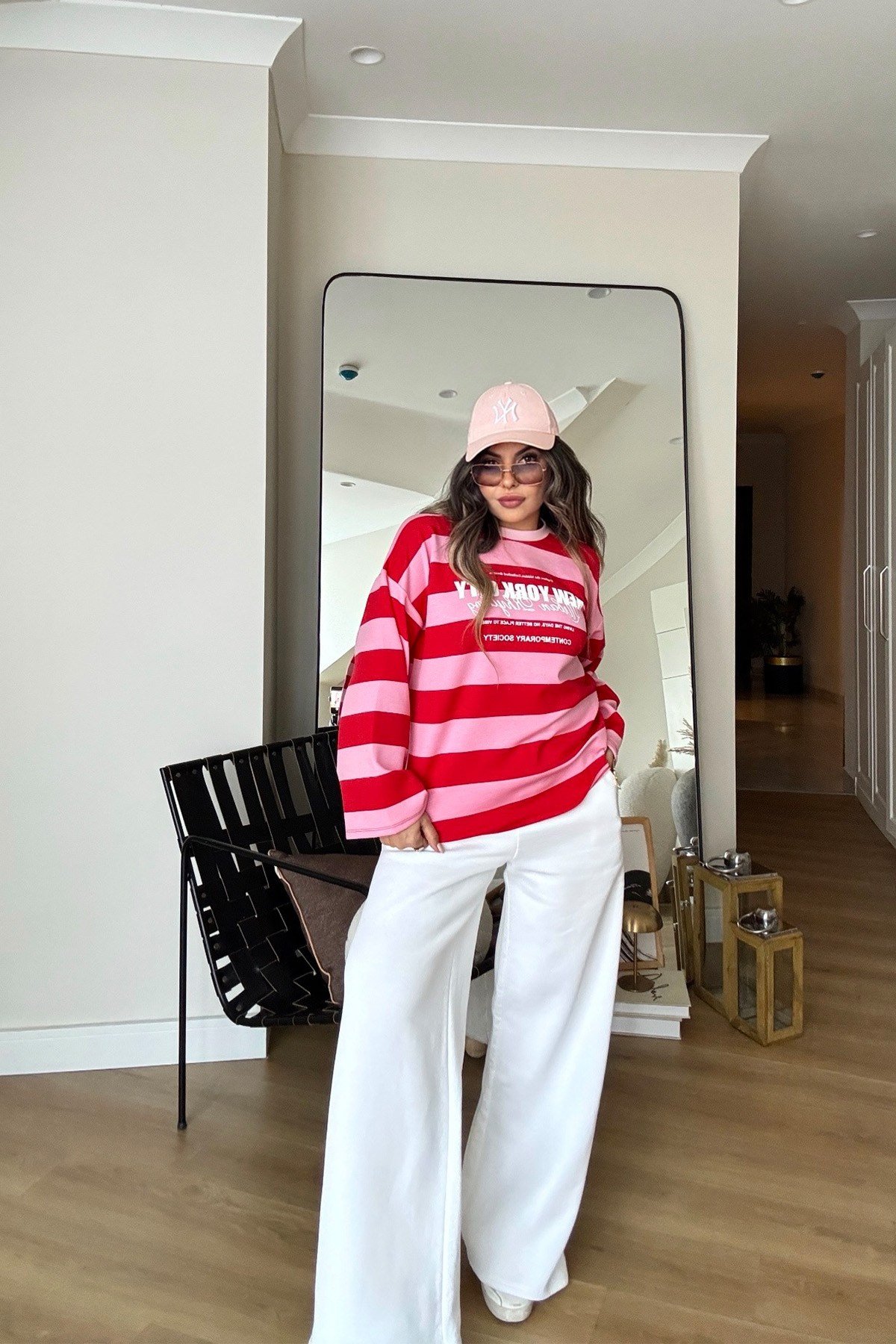 Çizgili Newyork Oversize Sweat Pembe-Kırmızı