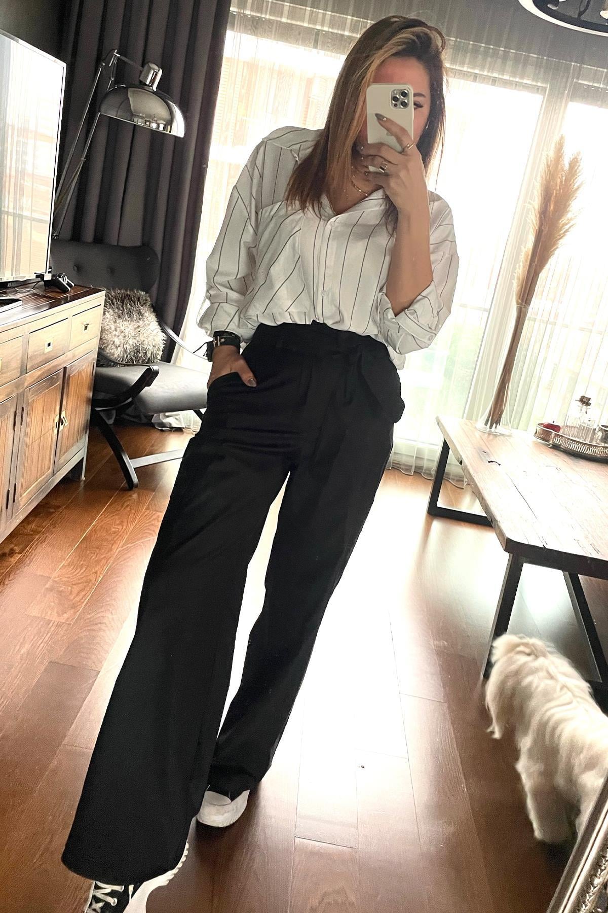 Çizgili Oversize Gömlek Ekru