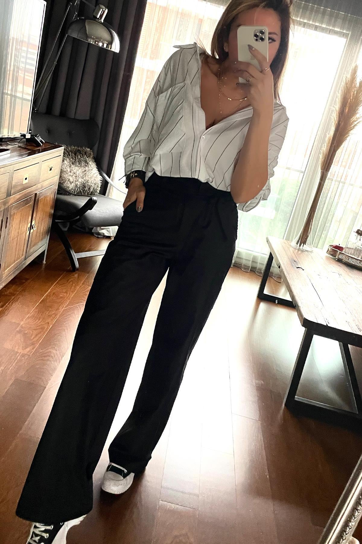 Çizgili Oversize Gömlek Ekru