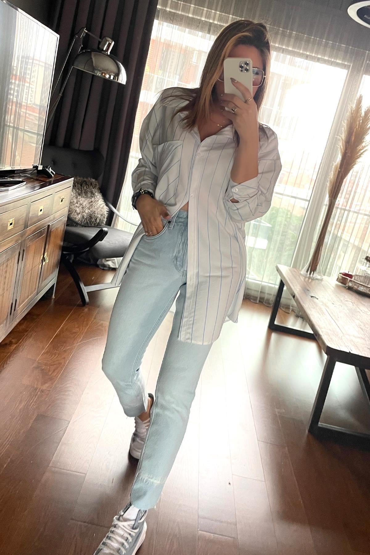 Çizgili Oversize Gömlek Mavi