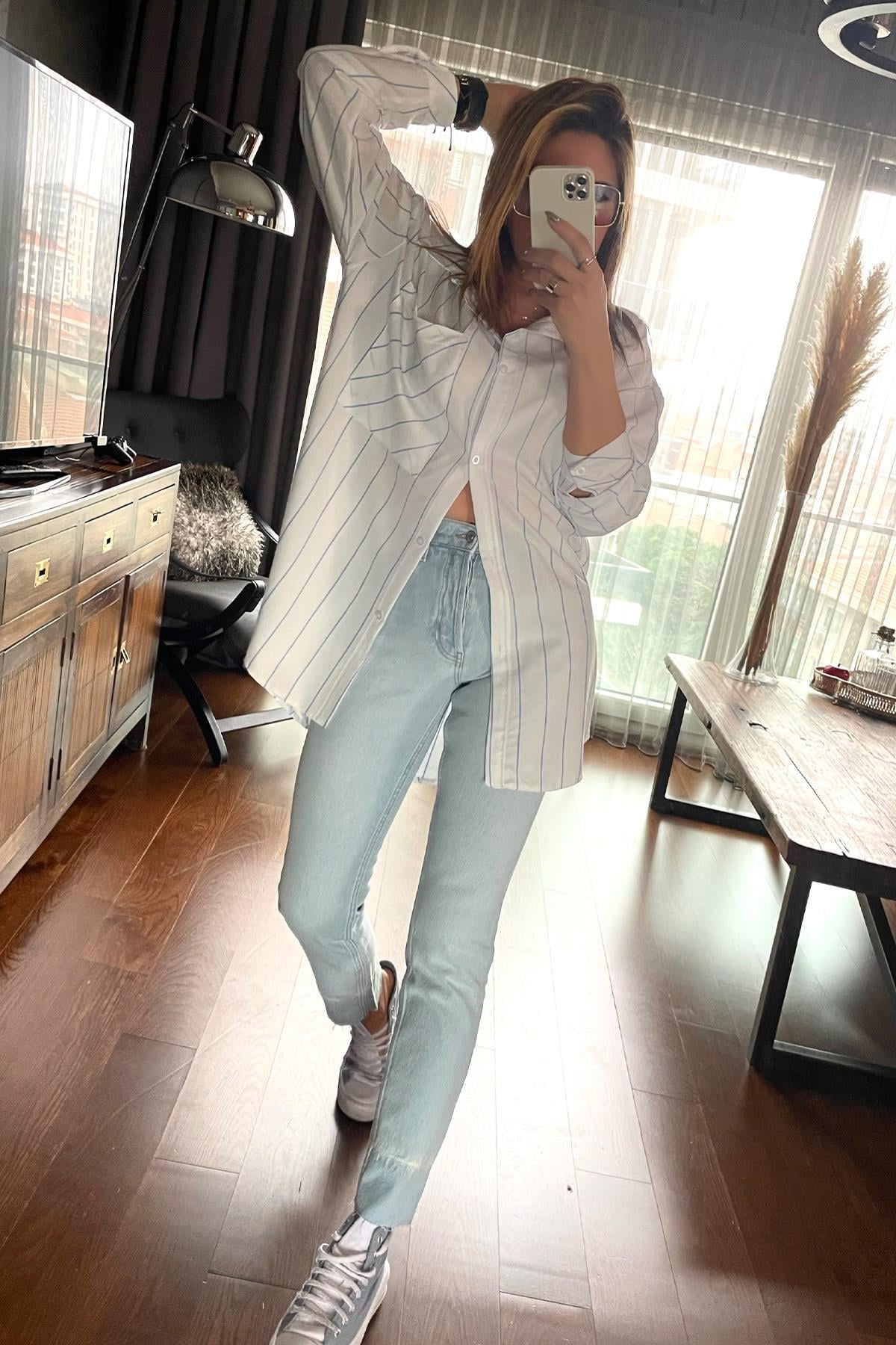 Çizgili Oversize Gömlek Mavi