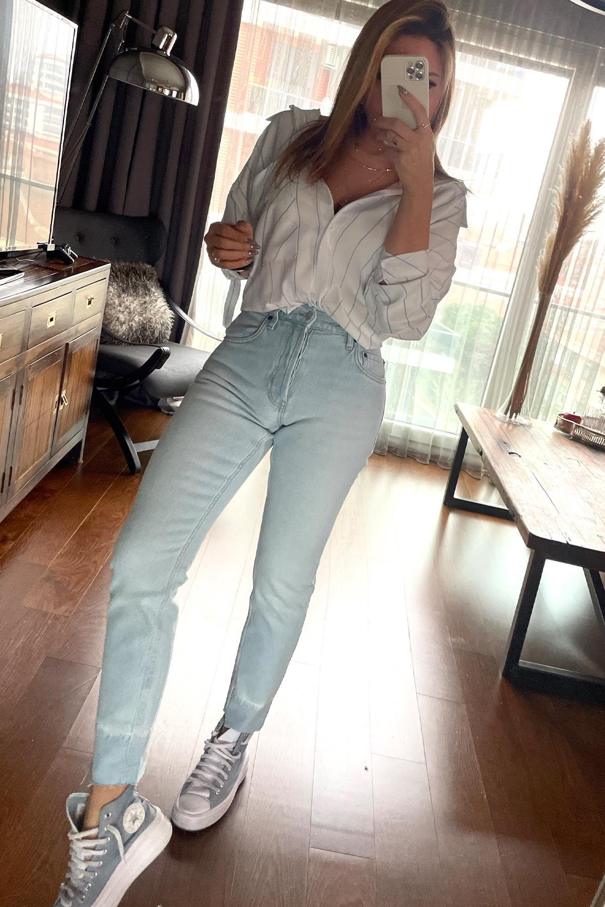 Çizgili Oversize Gömlek Mavi