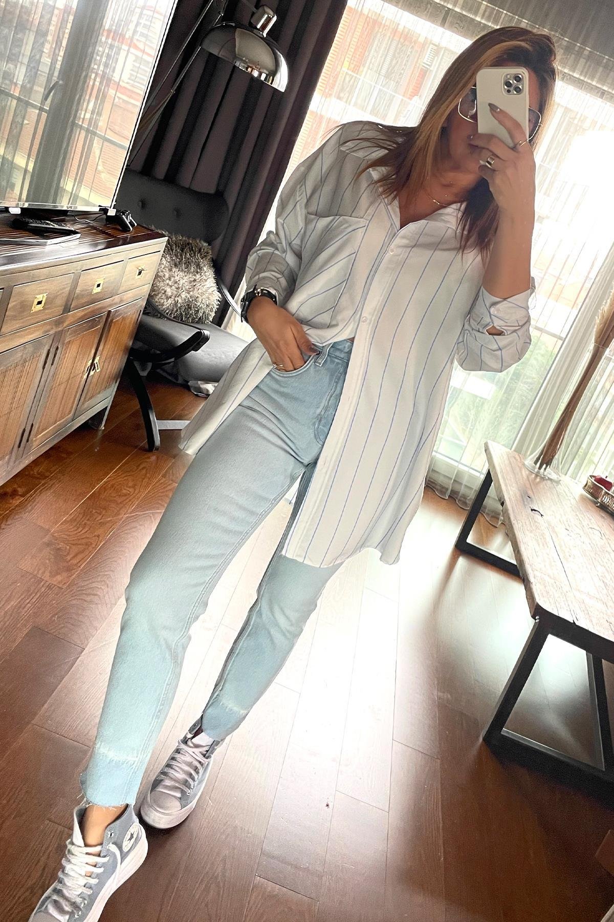 Çizgili Oversize Gömlek Mavi