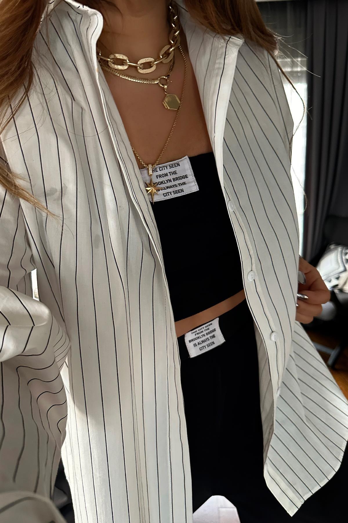 Çizgili Oversize Poplin Gömlek Ekru