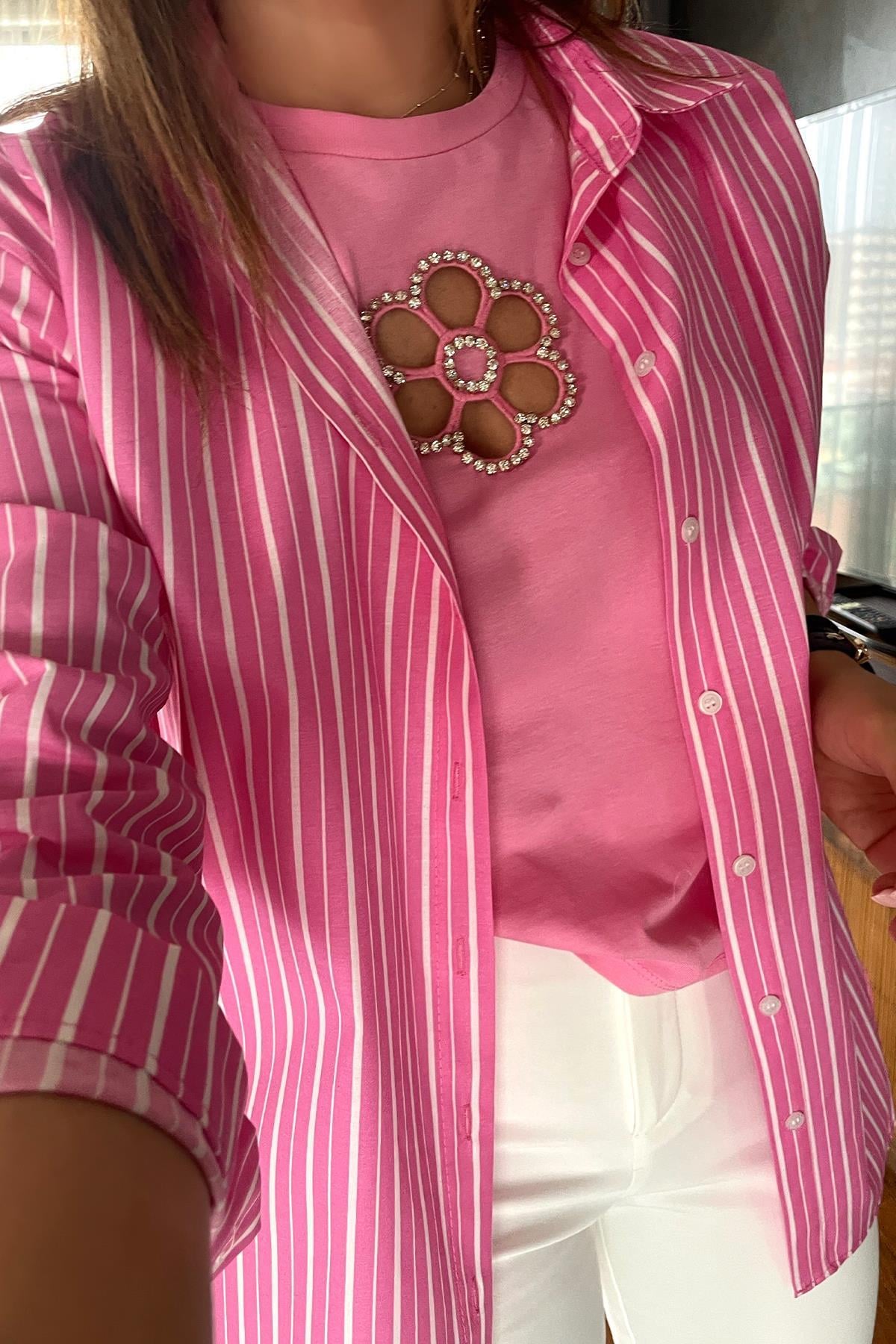 Çizgili Poplin Gömlek Pembe
